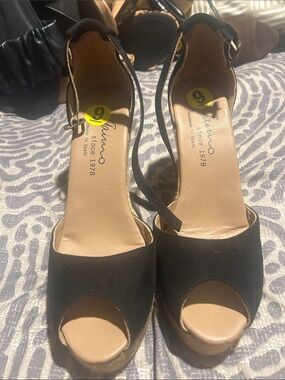 Flamenco Black Suede Peep-Toe Wedge Sandals with Ankle Strap